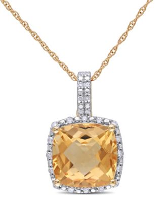 Macy's - Cushion Cut Citrine (4 ct. t.w.) and Diamond (1/10 ct. t.w.) Halo 17" Necklace in 10k Yellow Gold