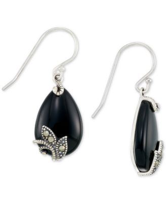 Macy's - Onyx (12 x 18 x 4mm) & Marcasite Teardrop Drop Earrings in Sterling Silver
