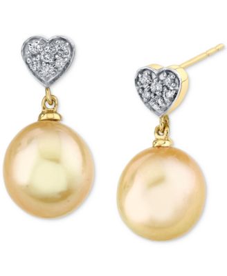 Macy's - Cultured Golden South Sea Pearl (9mm) & Diamond Heart (1/10 ct. t.w.) Drop Earrings in 14k Gold