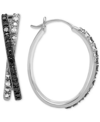 Macy's - Black Diamond (1/10 ct. t.w.) & White Diamond (1/20 ct. t.w.) Crossover Hoop Earrings in Sterling Silver