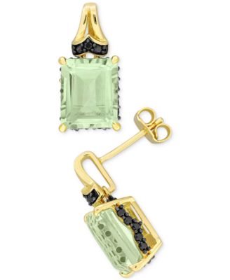 Macy's - Green Quartz (6-3/8 ct. t.w.) & Black Sapphire (3/8 ct. t.w.) Halo Stud Earrings in Gold-Plated Sterling Silver