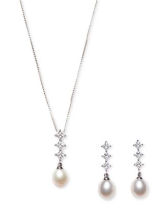 Macy's - Cultured Freshwater Pearl (7x9mm) and Cubic Zirconia Pendant Earring Set in Sterling Silver