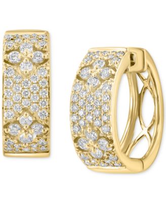 EFFY Collection - Diamond Pav&eacute; Flower Small Huggie Hoop Earrings (7/8 ct. t.w.) in 14k Gold, 0.625"