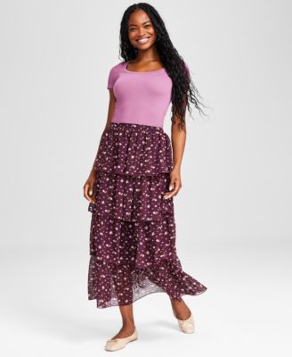 And Now This - Women's Floral-Print Tiered Midi Skirt