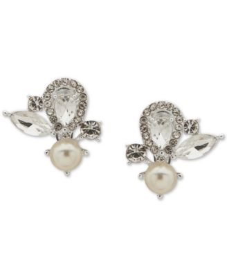 Anne Klein - Silver-Tone Crystal & Imitation Pearl Cluster Stud Clip On Earrings