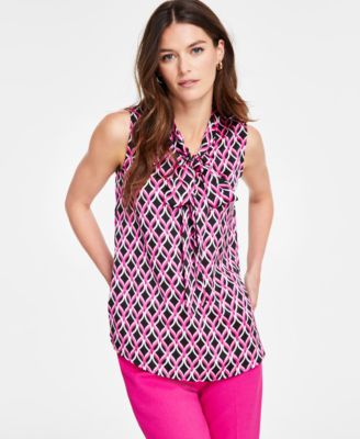 Tahari ASL - Women's Geo-Print Bow-Tie Sleeveless Blouse