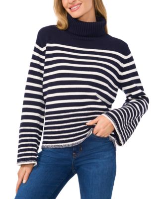 CeCe - Women's Striped Bell-Sleeve Turtleneck Sweater