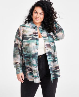 Nina Parker - Trendy Plus Size Organza Button-Front Shirt