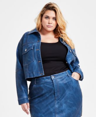 Bar III - Trendy Plus Denim Faux-Leather Cropped Jacket