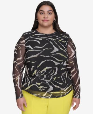 DKNY - Plus Size Printed Mesh Long-Sleeve Top