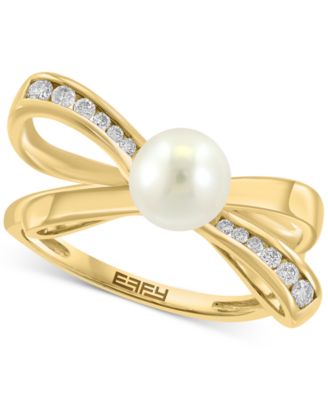 EFFY Collection - Cultured Freshwater Pearl (6mm) & Diamond (1/6 ct. t.w.) Bow Ring in 14k Gold
