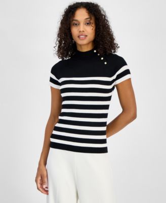 T Tahari - Women's Striped Button-Trim Mock-Neck Sweater