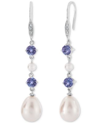 Macy's - Tanzanite (1 ct. t.w.), Cultured Freshwater Pearl (3mm, 10x7mm) & Diamond Accent Linear Drop Earrings in Sterling Silver
