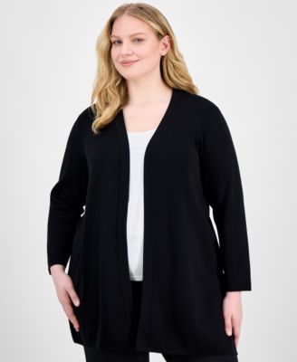 AK Anne Klein - Plus Size Open-Front Long-Sleeve Side-Slit Cardigan
