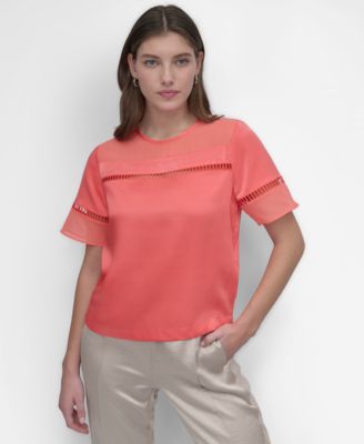 DKNY - Women's Crewneck Ladder-Lace-Inset Short-Sleeve Top