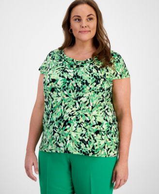 Kasper - Plus Size Printed Cap-Sleeve Top
