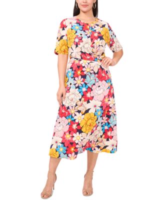 MSK - Plus Size Printed Twist Elbow-Sleeve Midi Dress