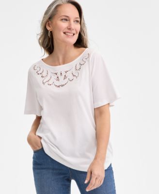 Style & Co - Petite Crochet-Trimmed Short-Sleeve Knit Top