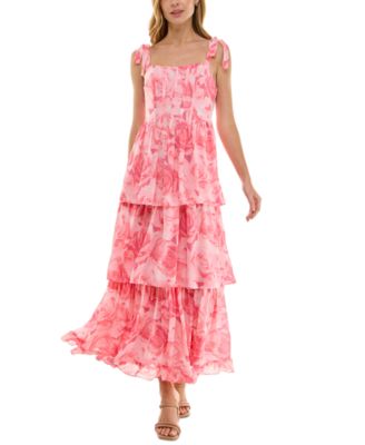 Crystal Doll - Juniors' Tie-Shoulder Tiered Chiffon Maxi Dress