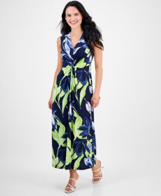 Connected - Petite Twisted-Front Floral-Print Maxi Dress