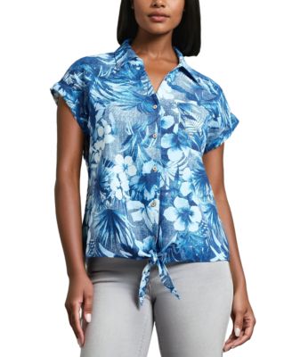 Jones New York - Women's Printed Tie-Waist Cap-Sleeve Shirt