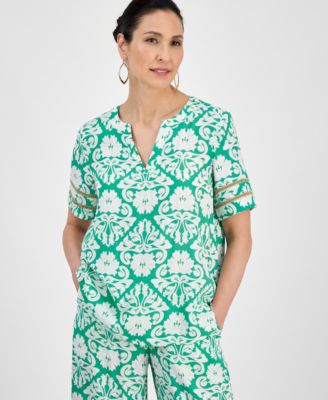 JM Collection - Women's Printed Split-Neck Short-Sleeve Top