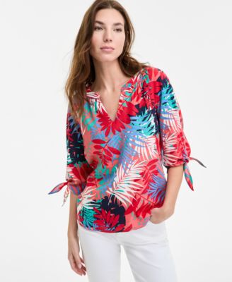 Jones New York - Women's V-Neck Elbow Raglan-Sleeve Printed Blouse