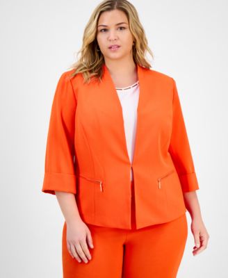 Kasper - Plus Size Zip-Pocket Cuffed 3/4-Sleeve Blazer