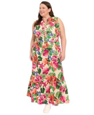 London Times - Plus Size Ruffled-Trim Tiered Maxi Dress