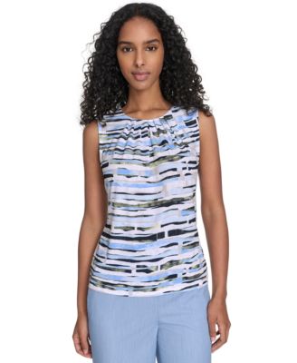 Calvin Klein - Petite Striped Pleated-Neck Top