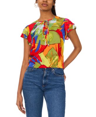 Sam & Jess - Women's Printed Tie-Neck Flutter-Sleeve Top
