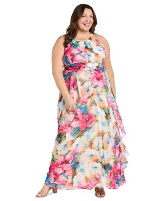 R & M Richards - Plus Size Printed Halter-Neck Sleeveless Gown