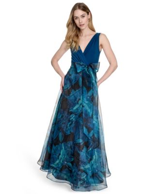 Eliza J - Women's Surplice Printed-Skirt Sleeveless Gown