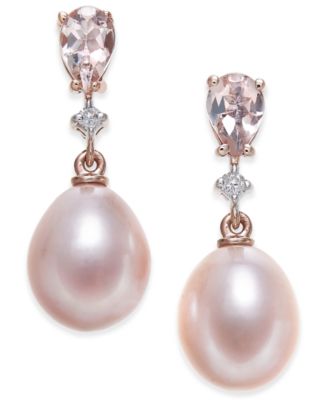 Macy's - Pink Cultured Freshwater Pearl (8-1/2mm), Morganite (3/4 ct. t.w.) and Diamond Accent Drop Earrings in 14k Rose Gold