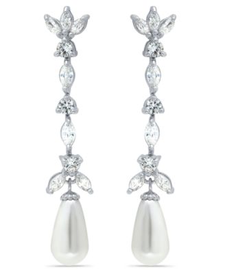 Macy's - Imitation Pearl Marquise Cubic Zirconia Tear Drop Earrings in Fine Silver Plate