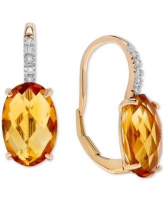 Macy's - 14k Gold Earrings, Citrine (6 ct. t.w.) and Diamond Accent Oval Leverback Earrings