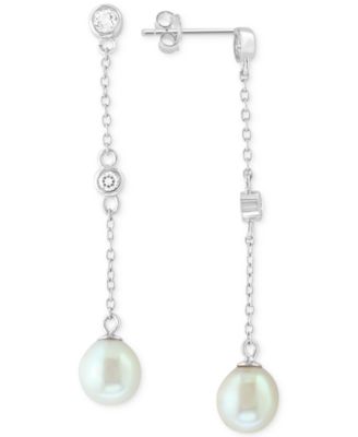 EFFY Collection - Freshwater Pearl (7mm) & White Topaz (1/5 ct. t.w.) Linear Drop Earrings in Sterling Silver