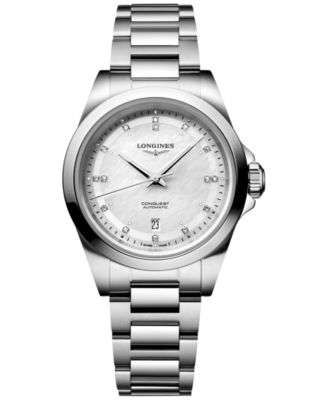 Longines - Women's Swiss Automatic Conquest Diamond (1/20 ct. t.w.) Stainless Steel Bracelet Watch 30mm