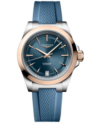 Longines - Women's Swiss Automatic Conquest Blue Rubber Strap Watch 34mm
