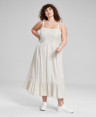 And Now This - Trendy Plus Size Shoulder-Tie Embroidered Dress