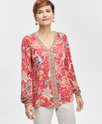JM Collection - Women's Mirella Split-Neck Long-Sleeve Top