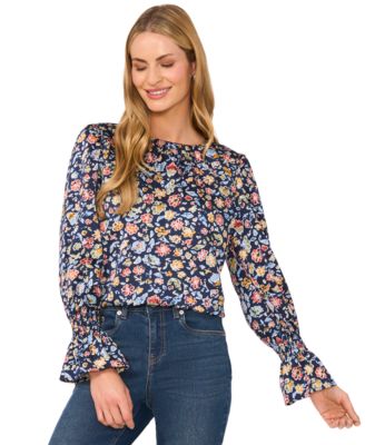 CeCe - Women's Pleated-Neck Long-Sleeve Ruffled-Cuff Blouse