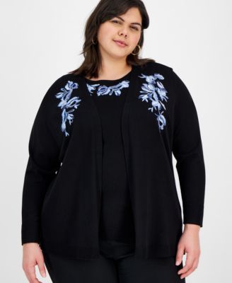 Kasper - Plus Size Embroidered Open-Front Cardigan