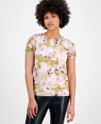 Bar III - Women's Floral Mesh Crewneck Short-Sleeve Top