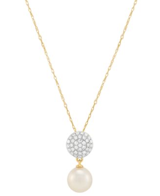 Honora - Cultured Freshwater Pearl (7-1/2mm) & Diamond (1/4 ct. t.w.) Cluster Drop 18" Pendant Necklace in 14k Gold