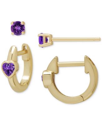 Macy's - Amethyst (5/8 ct. t.w.) 2-Pc. Set Stud & Heart Hoop Earrings Set in 14K Gold over Sterling Silver