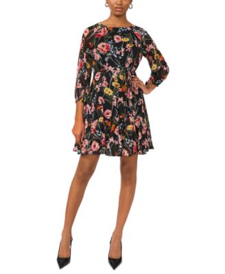 MSK - Women's Printed Tie-Waist Long-Sleeve Chiffon Dress