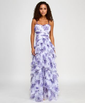 pear culture - Juniors' Floral Print Ruffled Sleeveless Gown