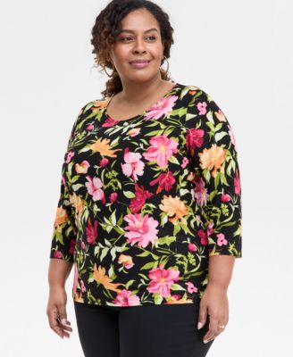 JM Collection - Plus Size Lisana Floral Jacquard 3/4-Sleeve Top