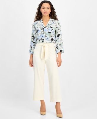 AK Anne Klein - Petite Tie-Waist Wide-Leg Cropped Pants